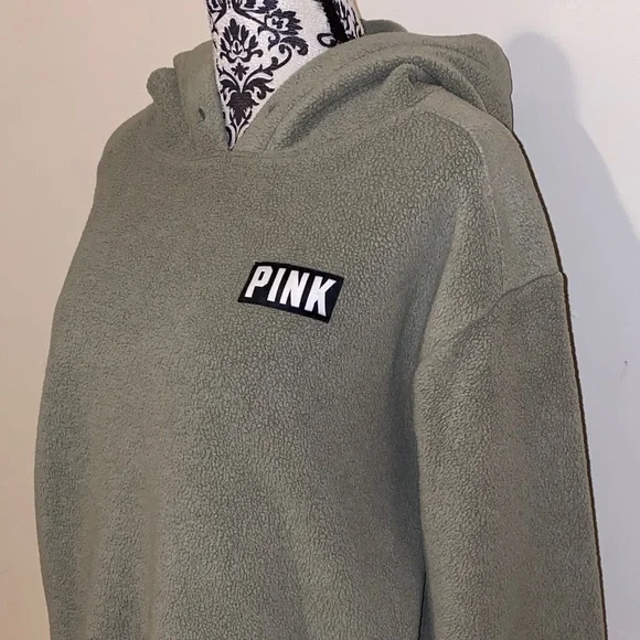 PINK Victoria's Secret Olive Green Fleece Pulls Hoodie Size Medium - Picture 4 of 11